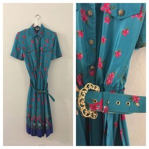 Vintage floral pleated midi dress w/ matching belt
